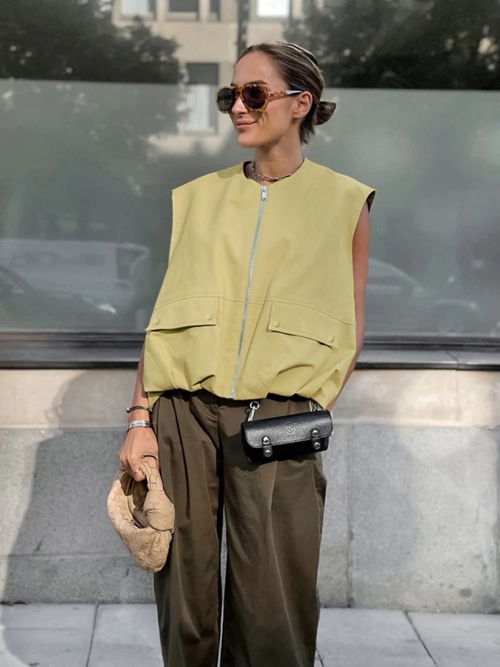 Commense Sleeveless Zip Front Vest in Light Olive and Dark Olive